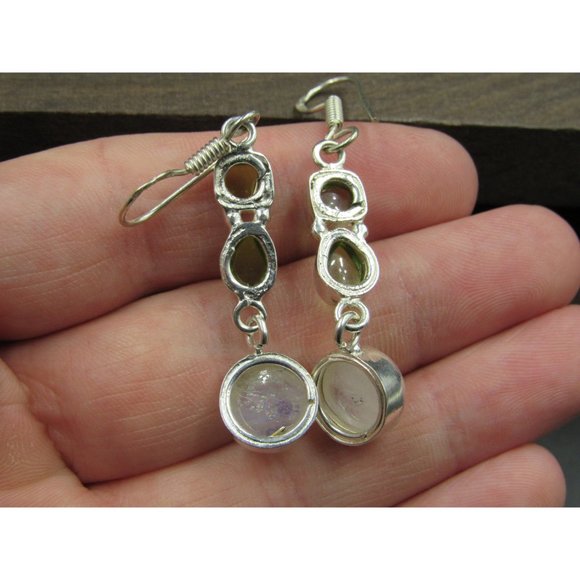 Sterling Silver Green Glass And Round Moonstone Earrings Vintage Wedding - Picture 5 of 7